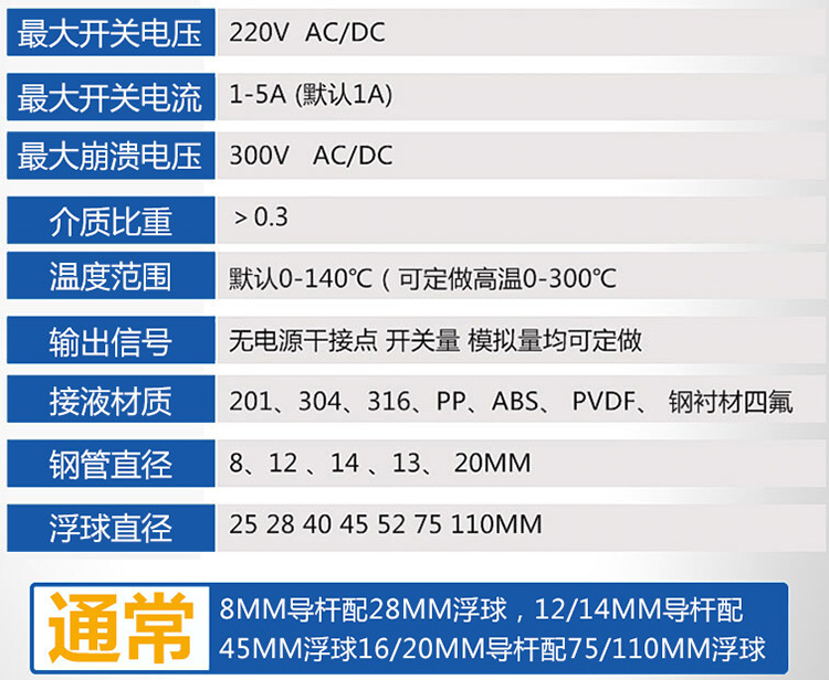 高低位浮球液位計(jì)技術(shù)參數(shù)對(duì)照表